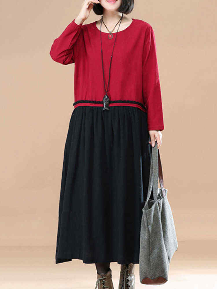 O-NEWE-M-5XL-Casual-Women-Color-Block-Solid-Stitching-Long-Maxi-Dress-1196933