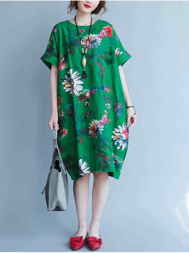 O-NEWE-Women-Loose-Dress-Printed-Half-Sleeve-Pockets-Pullover-Dresses-1158526