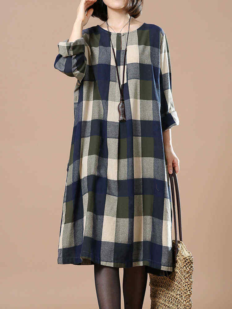 O-Newe-Plus-Size-Women-Plaid-O-Neck-Dress-1187960