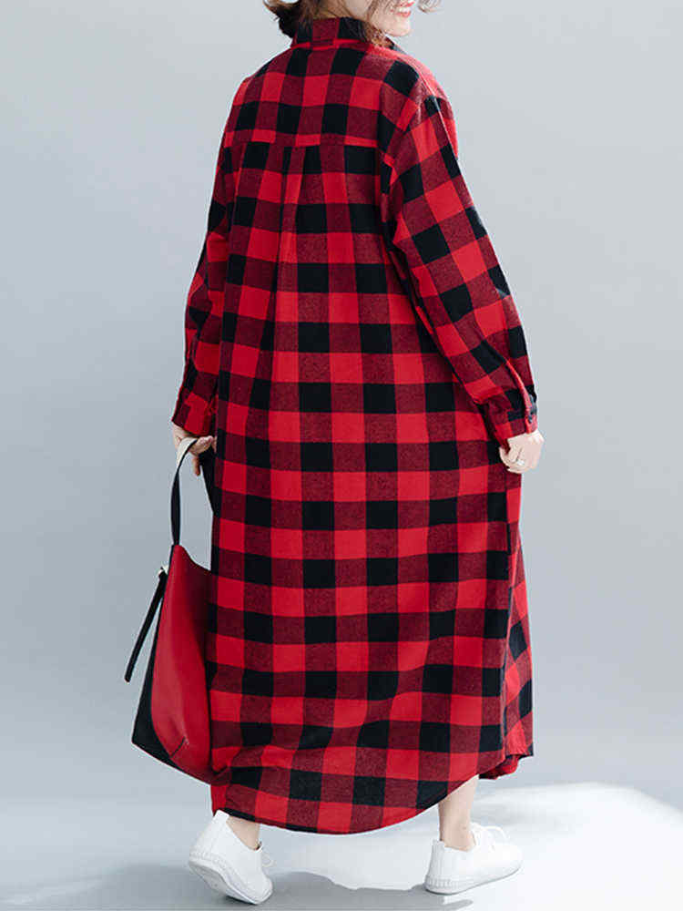 Plaid-Turn-down-Collar-Long-Sleeve-Women-Maxi-Shirt-Dress-1442399