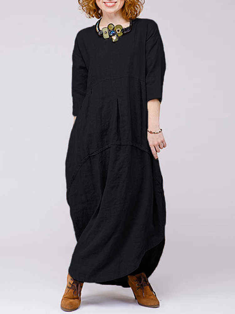 Plus-Size-Baggy-Crew-Neck-Long-Sleeve-Patchwork-Maxi-Dress-1398104