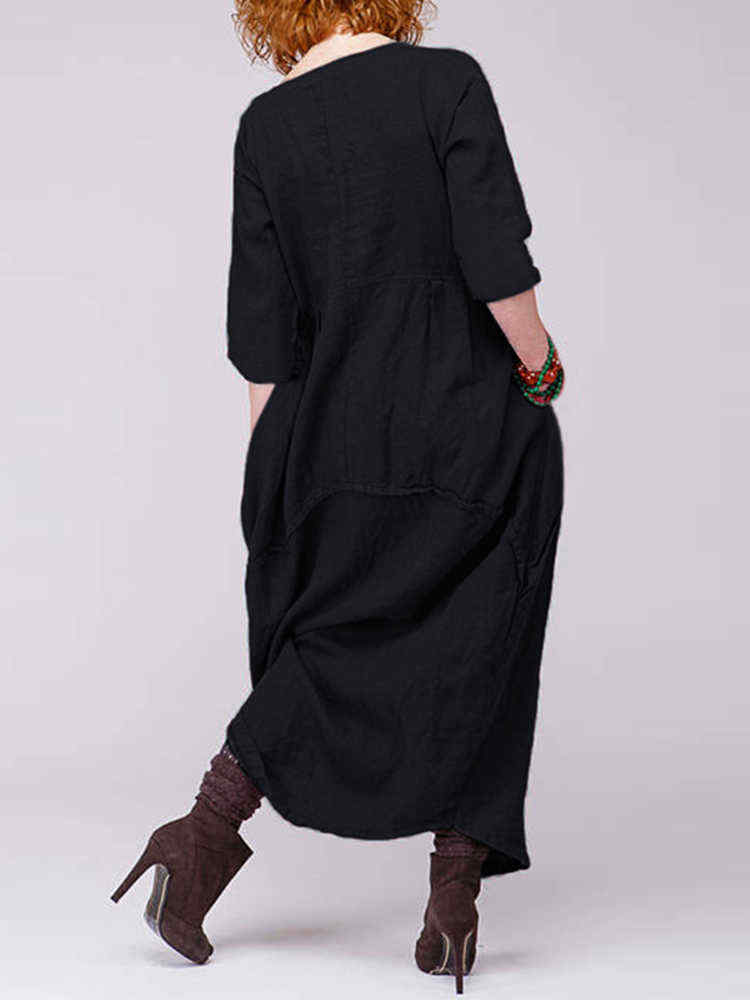 Plus-Size-Baggy-Crew-Neck-Long-Sleeve-Patchwork-Maxi-Dress-1398104