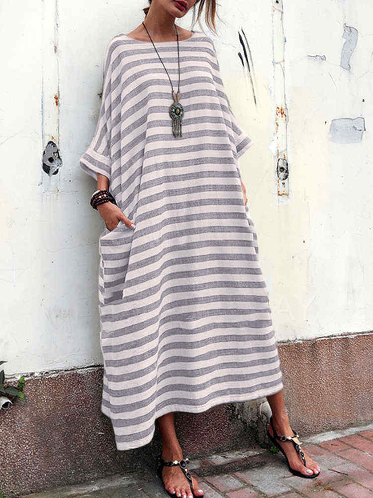 Plus-Size-Casual-Crew-Neck-Batwing-Sleeve-Stripe-Loose-Dress-1379938