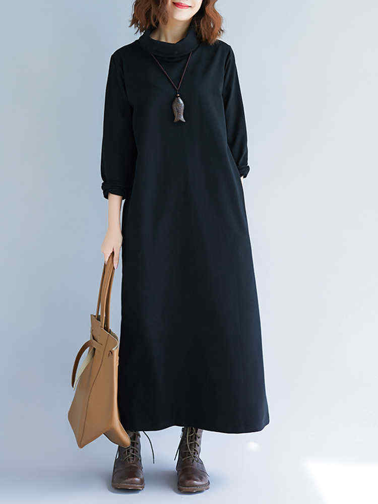 Plus-Size-Casual-Turtle-Neck-Long-Sleeve-Solid-Color-Dress-1388286