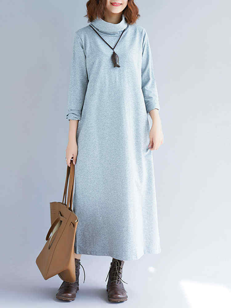 Plus-Size-Casual-Turtle-Neck-Long-Sleeve-Solid-Color-Dress-1388286