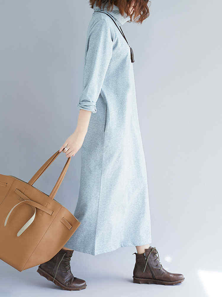 Plus-Size-Casual-Turtle-Neck-Long-Sleeve-Solid-Color-Dress-1388286