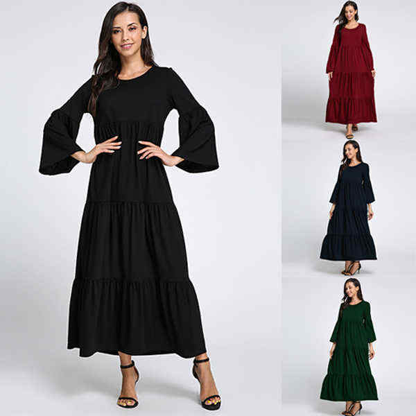 Plus-Size-Casual-Women-Flared-Sleeve-Ruffle-Plain-Dresses-1203519