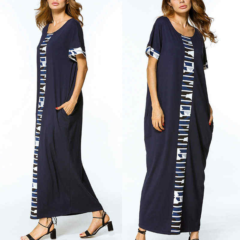 Plus-Size-Casual-Women-Loose-O-Neck-Short-Sleeve-Camouflage-Splicing-Maxi-Dress-1192596