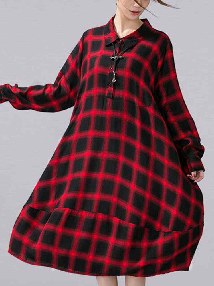 Plus-Size-Casual-Women-Loose-Plaid-Blouse-Dress-1241864