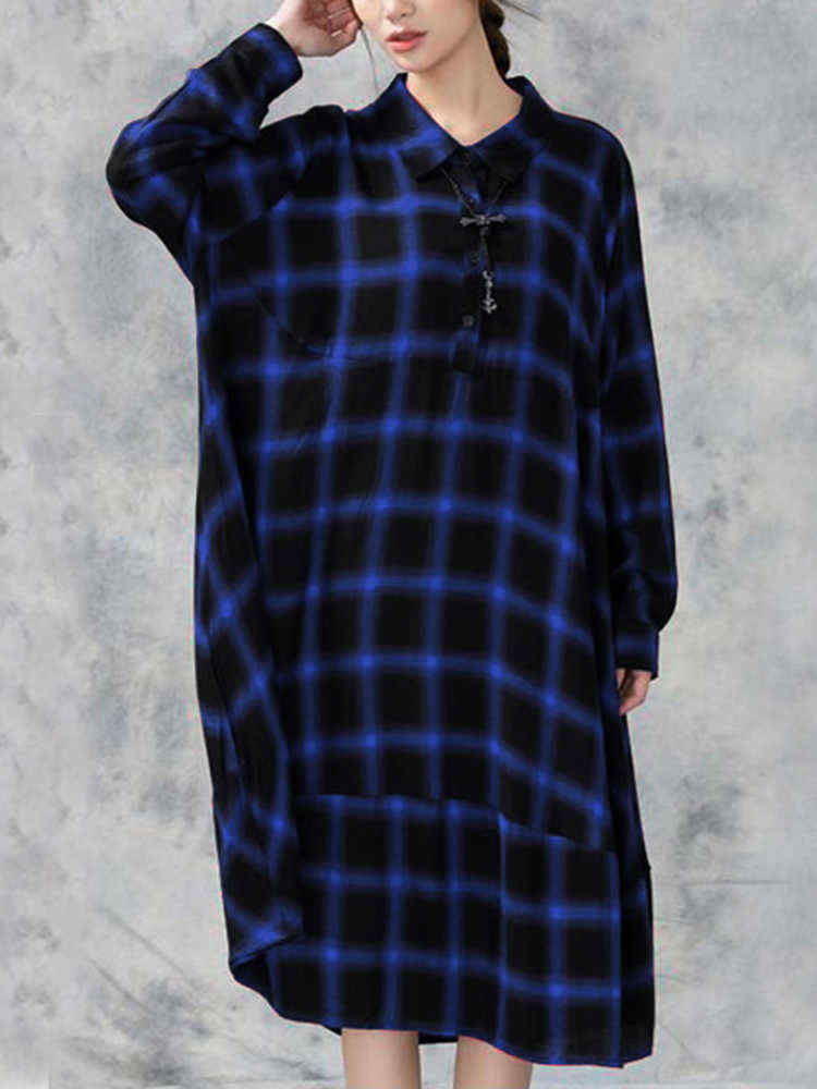 Plus-Size-Casual-Women-Loose-Plaid-Blouse-Dress-1241864