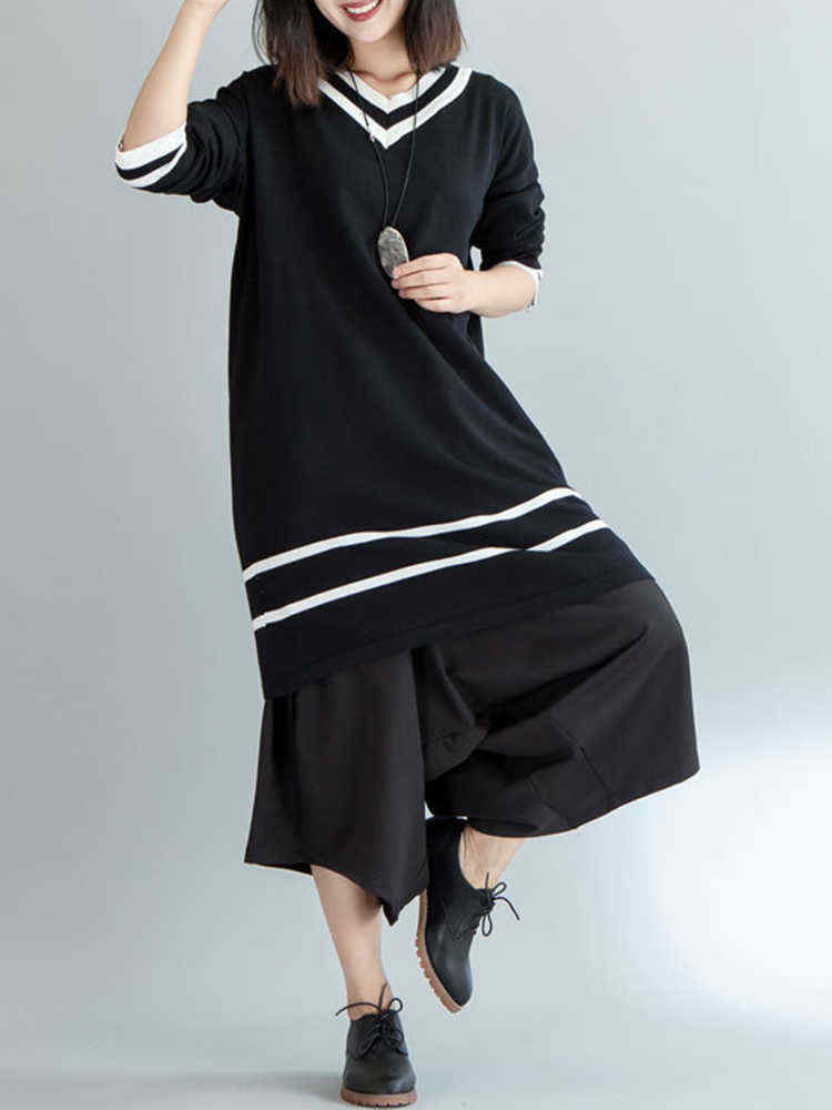 Plus-Size-Casual-Women-V-Neck-Striped-Long-Sweater-Dresses-1198193