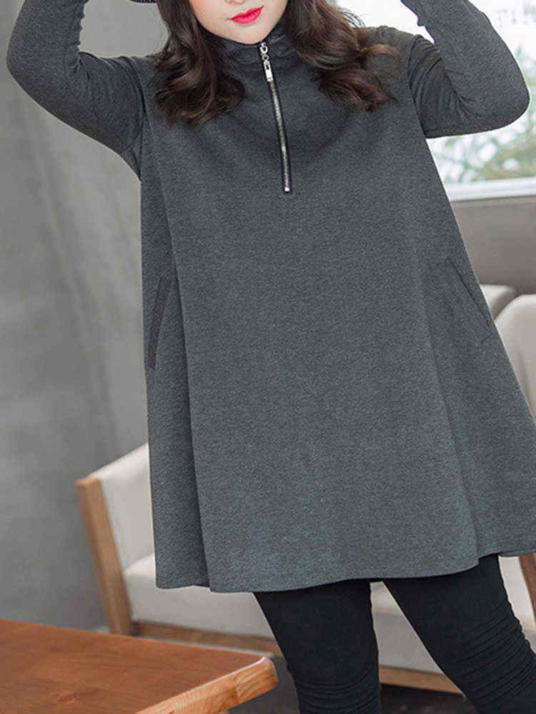 Plus-Size-Casual-Women-Zipper-High-Collar-Mini-Dress-1241506