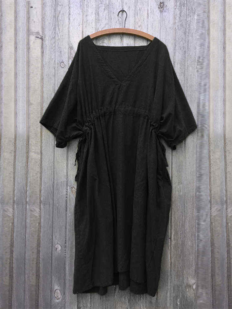 Plus-Size-Elegant-V-neck-Batwing-Sleeve-Baggy-Drawstring-Dress-1380732