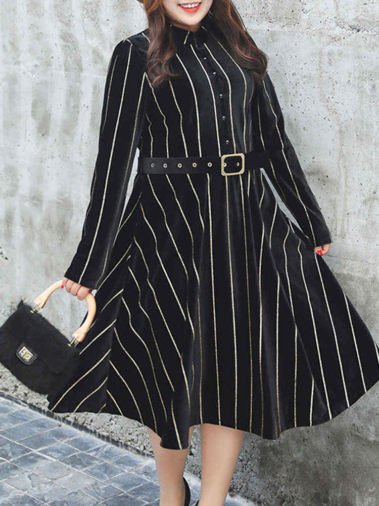 Plus-Size-Elegant-Women-Stripe-Gold-Velvet-Dress-1252973