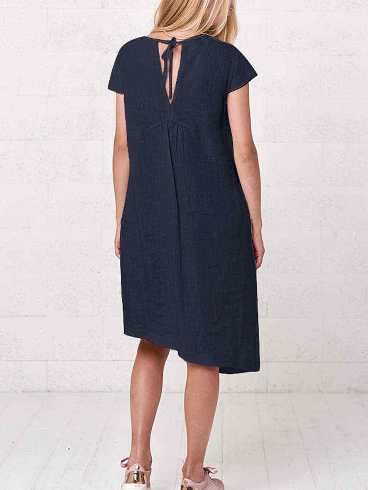 Plus-Size-Irregular-Short-Sleeve-Solid-Color-Vintage-Dress-1413536