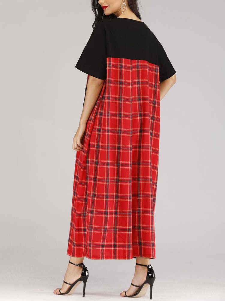 Plus-Size-Patchwork-Plaid-Short-Sleeve-Women-Loose-Dress-1426914