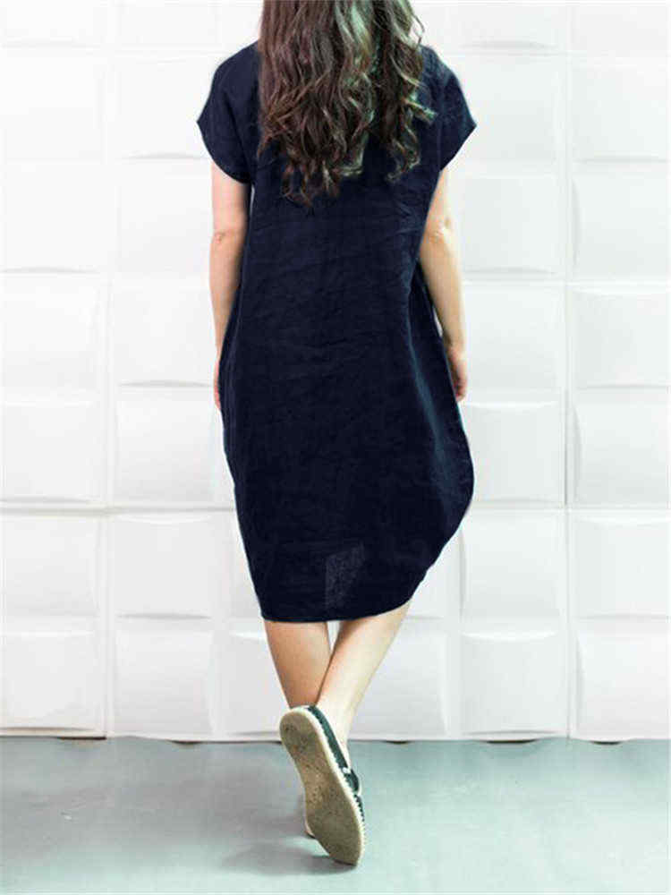 Plus-Size-Solid-Color-Crew-Neck-Short-Sleeve-Baggy-Cotton-Dress-1407914