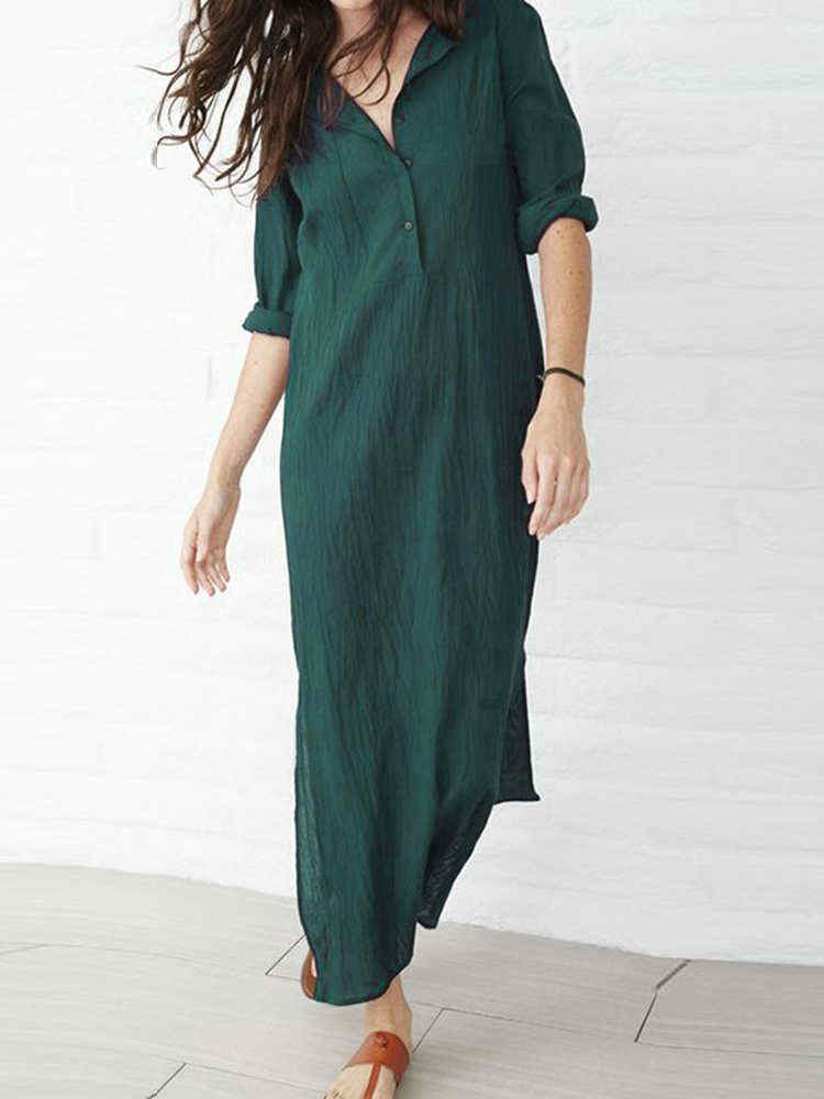 Plus-Size-V-neck-Long-Sleeve-Solid-Color-Side-Split-Maxi-Dress-1386013