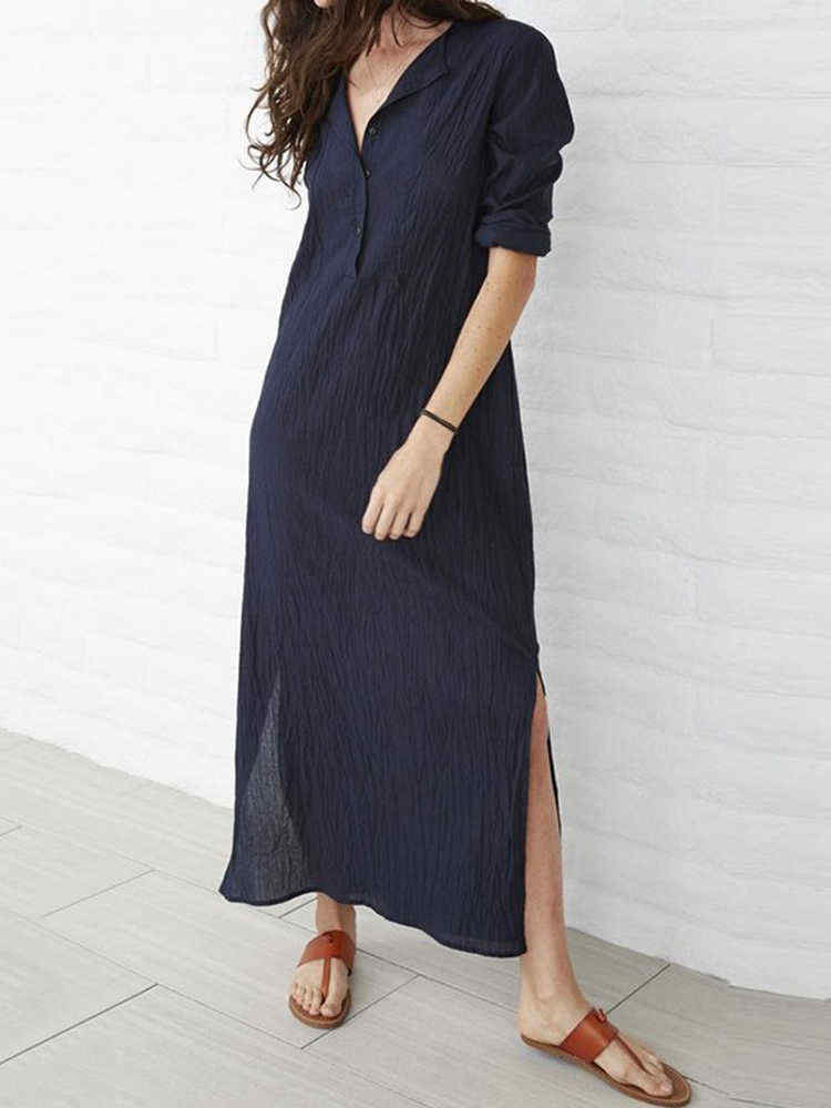 Plus-Size-V-neck-Long-Sleeve-Solid-Color-Side-Split-Maxi-Dress-1386013