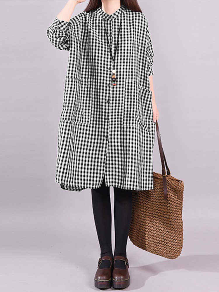 Plus-Size-Vintage-Plaid-Long-Sleeve-Women-Shirts-Dress-1400628