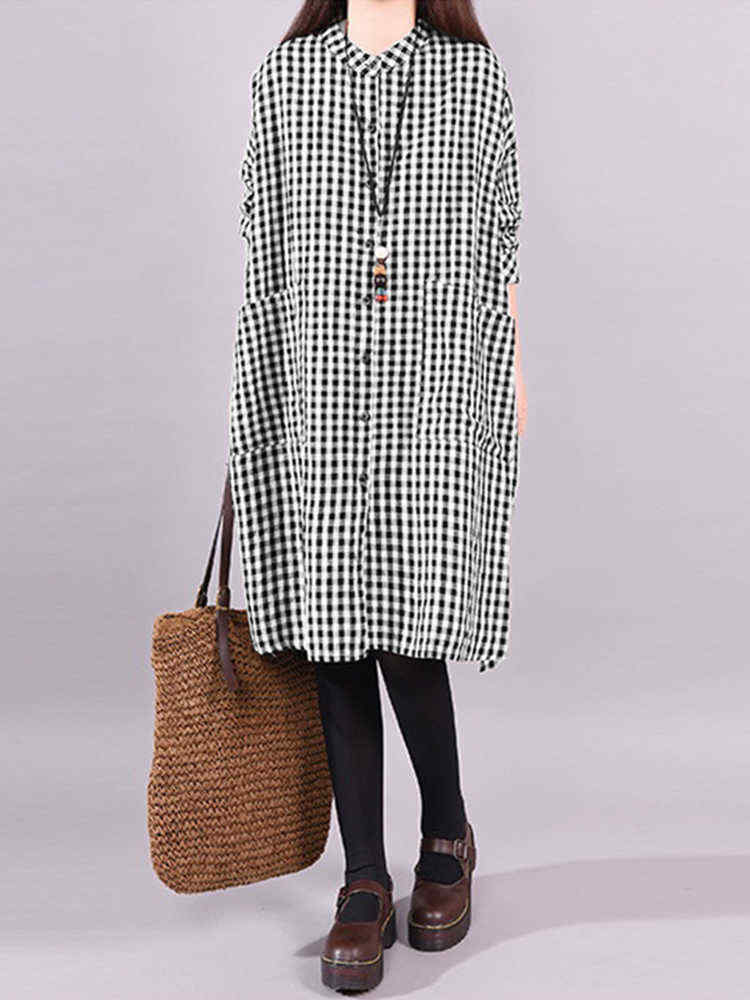 Plus-Size-Vintage-Plaid-Long-Sleeve-Women-Shirts-Dress-1400628