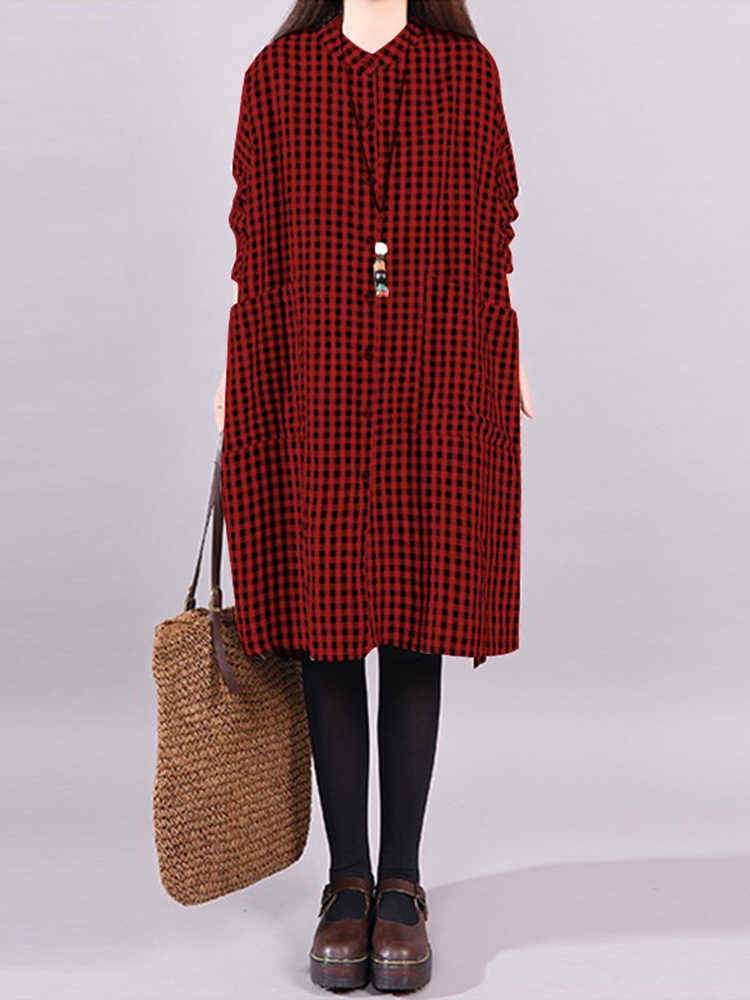 Plus-Size-Vintage-Plaid-Long-Sleeve-Women-Shirts-Dress-1400628