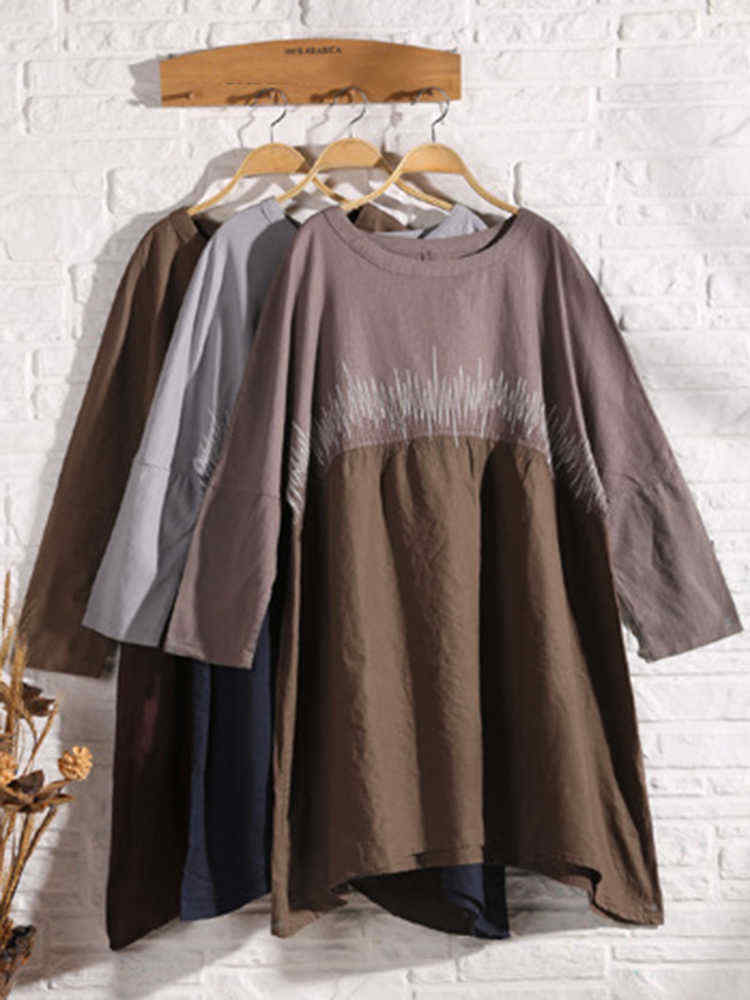 Plus-Size-Vintage-Women-Loose-Color-Splicing-Batwing-Sleeve-Dresses-1200950