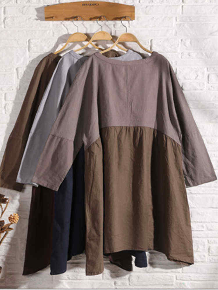 Plus-Size-Vintage-Women-Loose-Color-Splicing-Batwing-Sleeve-Dresses-1200950
