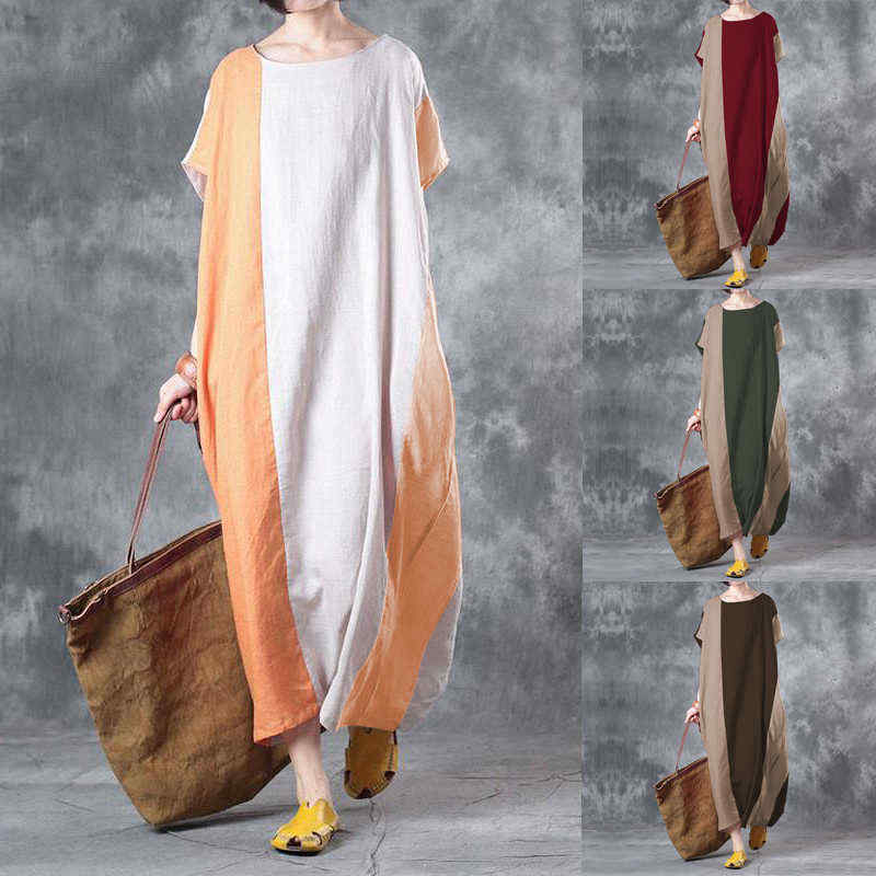 Plus-Size-Vintage-Women-Short-Sleeve-Splicing-Pockets-Long-Maxi-Dresses-1195825