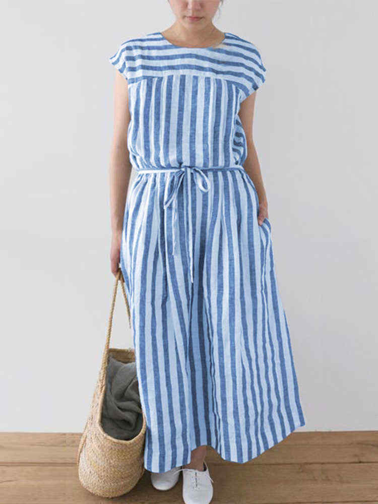 Plus-Size-Women-Daily-Casual-Stripe-Short-Sleeve-Button-Back-Dress-1391427