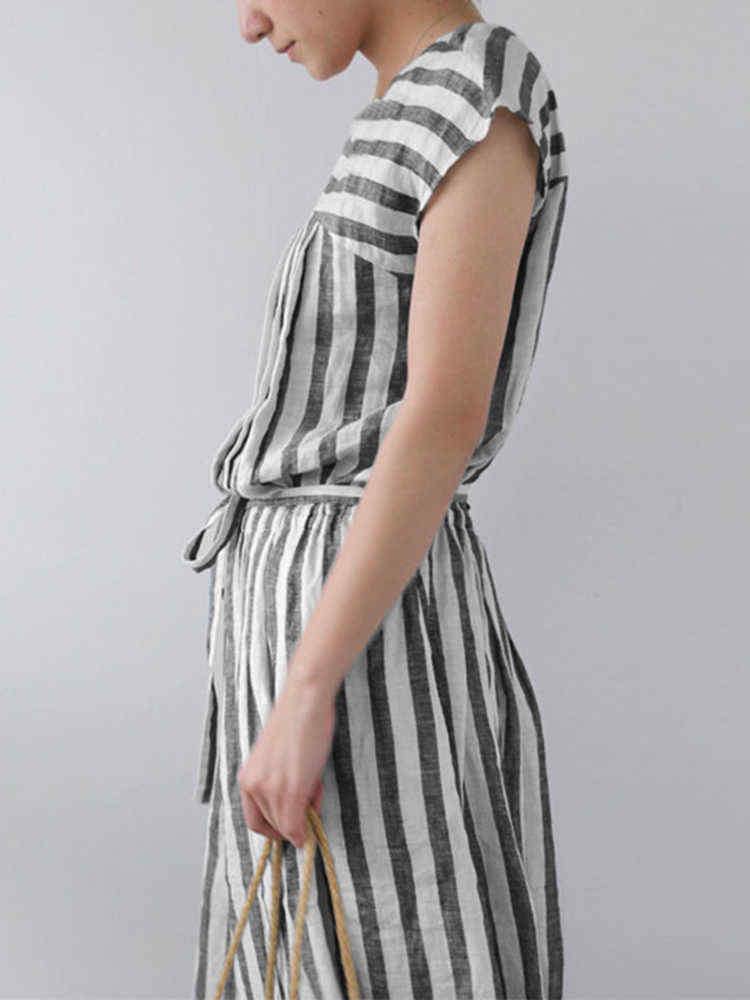 Plus-Size-Women-Daily-Casual-Stripe-Short-Sleeve-Button-Back-Dress-1391427