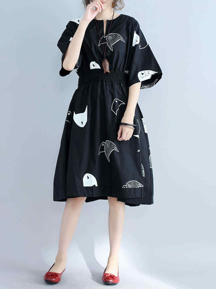 Plus-Size-Women-Fish-Printed-Dress-Elastic-Waist-Cotton-Linen-Dresses-1188971