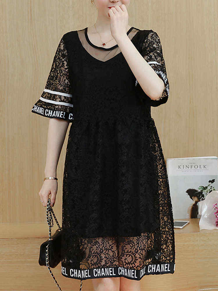 Plus-Size-Women-Letter-Printing-Hollow-Out-Black-Lace-Dress-1188609