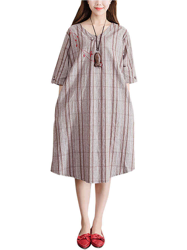 Plus-Size-Women-Plaid-Dress-Embroidery-Flax-Half-Sleeve-Pockets-Dresses-1172378