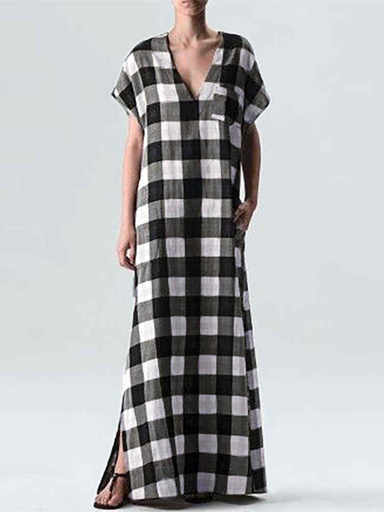 Plus-Size-Women-Plaid-V-neck-Short-Sleeve-Front-Pocket-Maxi-Dress-1393253