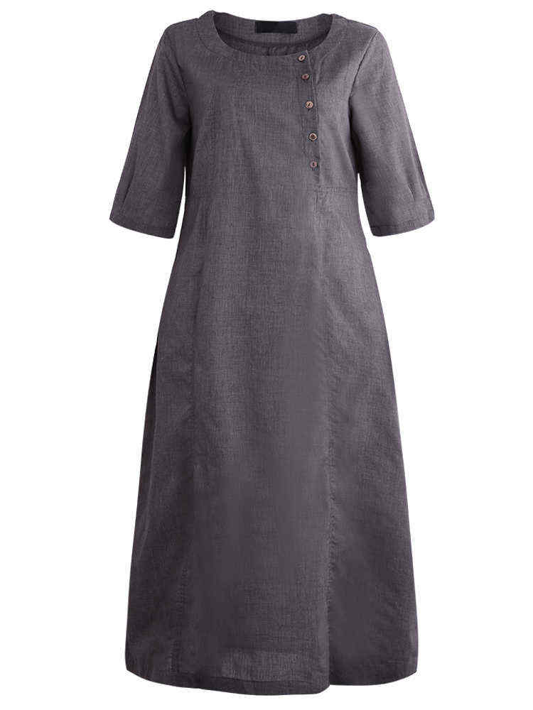 Plus-Size-Work-Pure-Color-Crew-Neck-Three-Quarter-Sleeve-Maxi-Dress-1382980