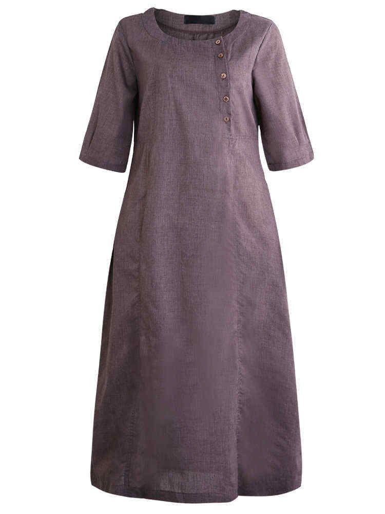 Plus-Size-Work-Pure-Color-Crew-Neck-Three-Quarter-Sleeve-Maxi-Dress-1382980