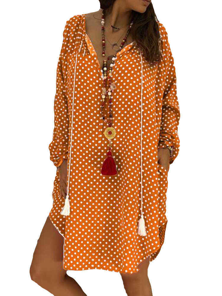 Polka-Dot-V-neck-Long-Sleeve-Loose-Plus-Size-Dress-1381601