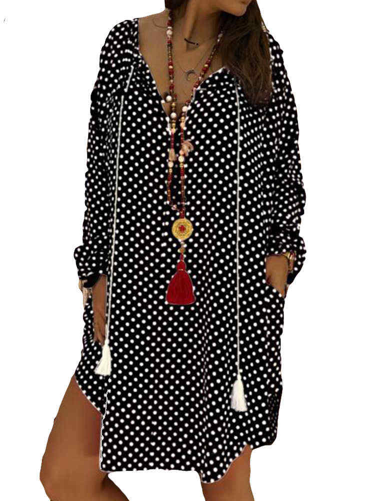 Polka-Dot-V-neck-Long-Sleeve-Loose-Plus-Size-Dress-1381601