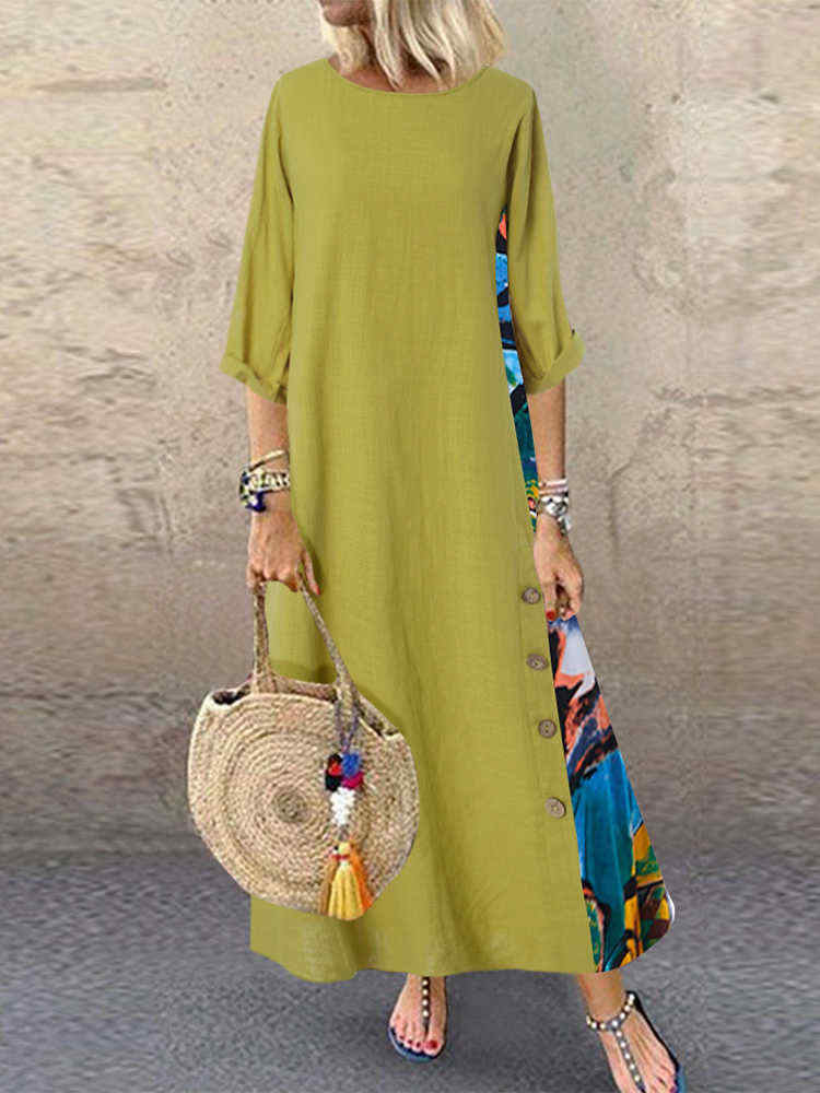 Print-Splice-Contrast-Color-Long-Sleeve-Vintage-Dress-1543677