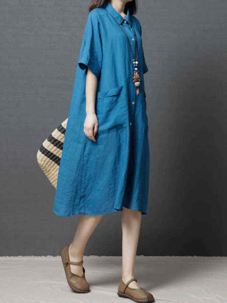 Ramie-Solid-Color-Pocket-Short-Sleeve-Shirts-Dress-1294851