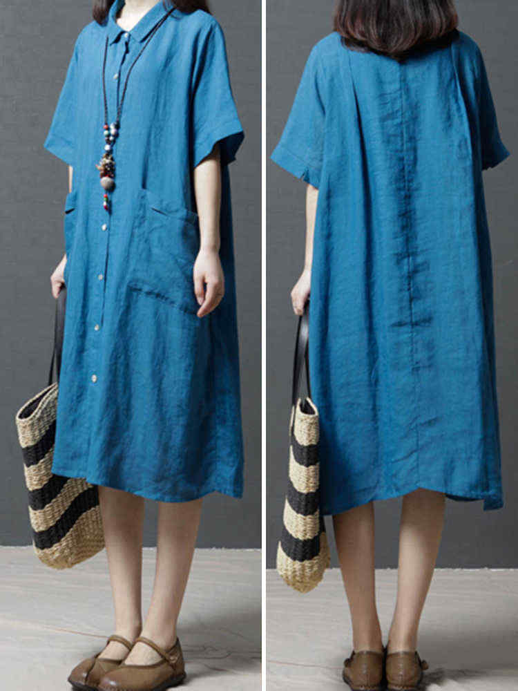 Ramie-Solid-Color-Pocket-Short-Sleeve-Shirts-Dress-1294851