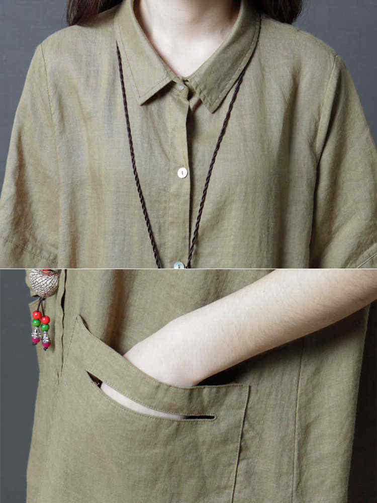 Ramie-Solid-Color-Pocket-Short-Sleeve-Shirts-Dress-1294851