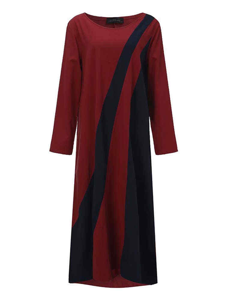 S-4XL-Casual-Women-Color-Patchwork-Long-Sleeve-Dress-1267895