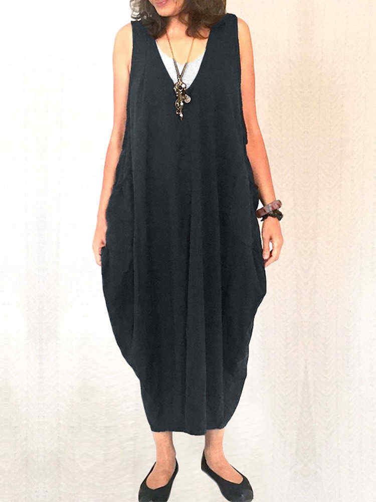 S-5XL-Casual-V-neck-Sleeveless-Solid-Color-Baggy-Dress-1401147