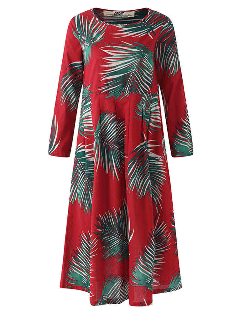 S-5XL-Casual-Women-Leaves-Printed-Long-Maxi-Dress-1250084