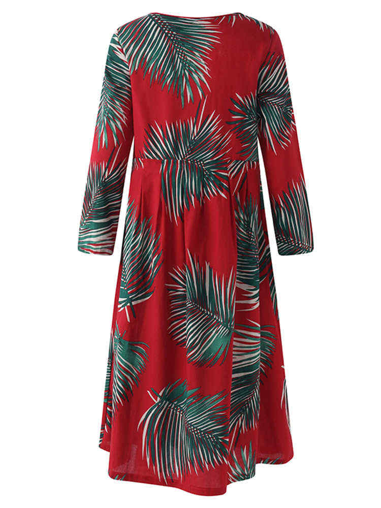 S-5XL-Casual-Women-Leaves-Printed-Long-Maxi-Dress-1250084