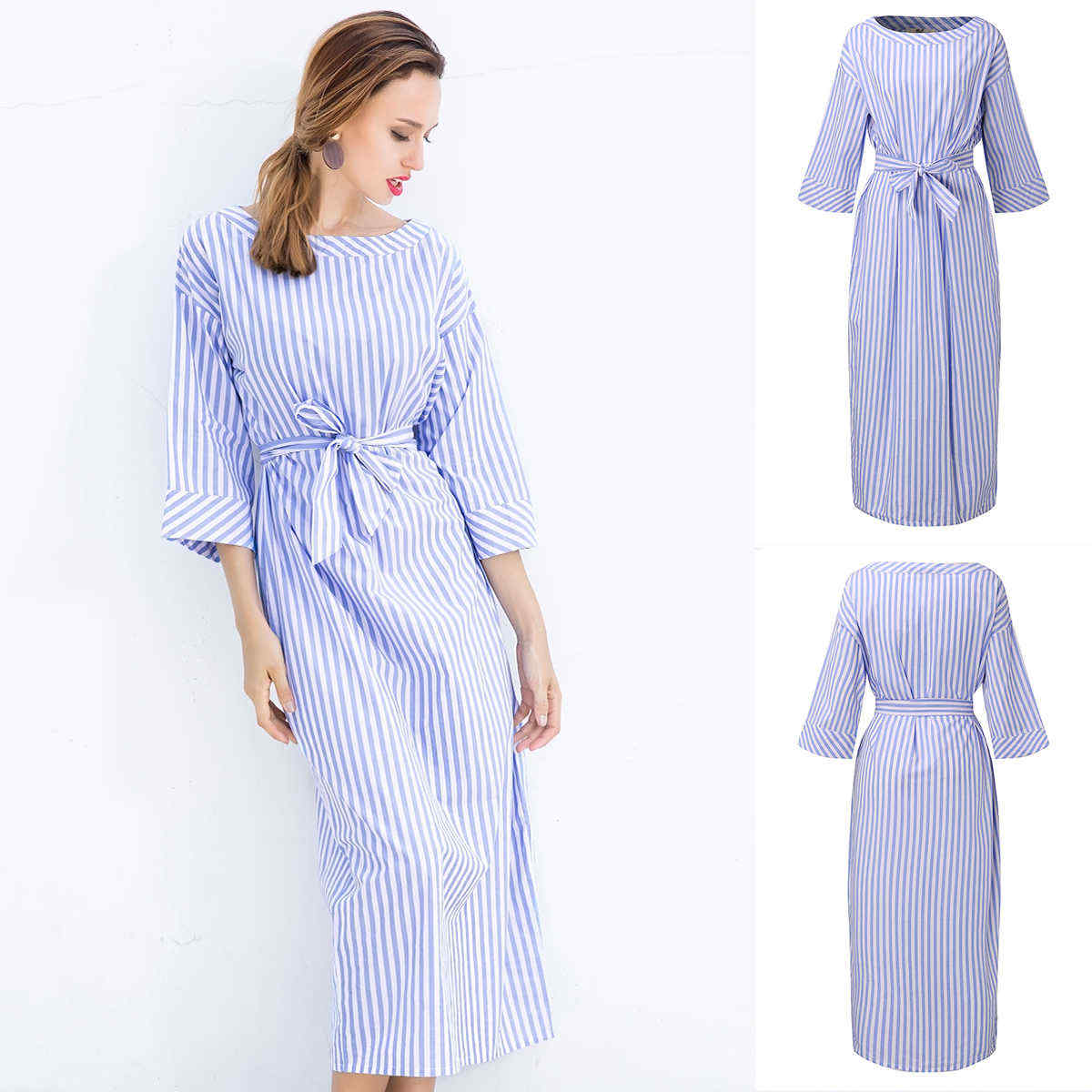 S-5XL-Casual-Women-Stripe-Long-Maxi-Dress-with-Belt-1248563