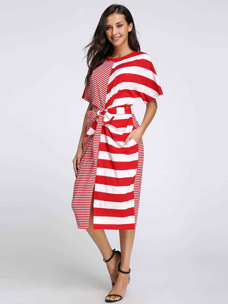 S-5XL-Casual-Women-Stripe-Short-Sleeve-Drawstring-Dresses-1203056