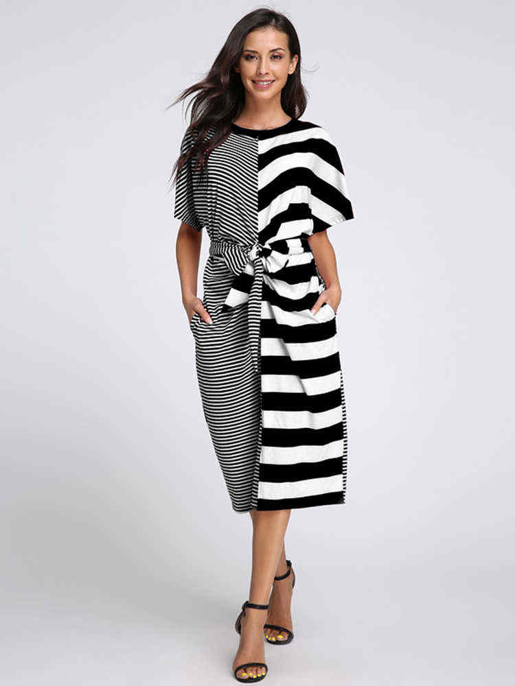 S-5XL-Casual-Women-Stripe-Short-Sleeve-Drawstring-Dresses-1203056